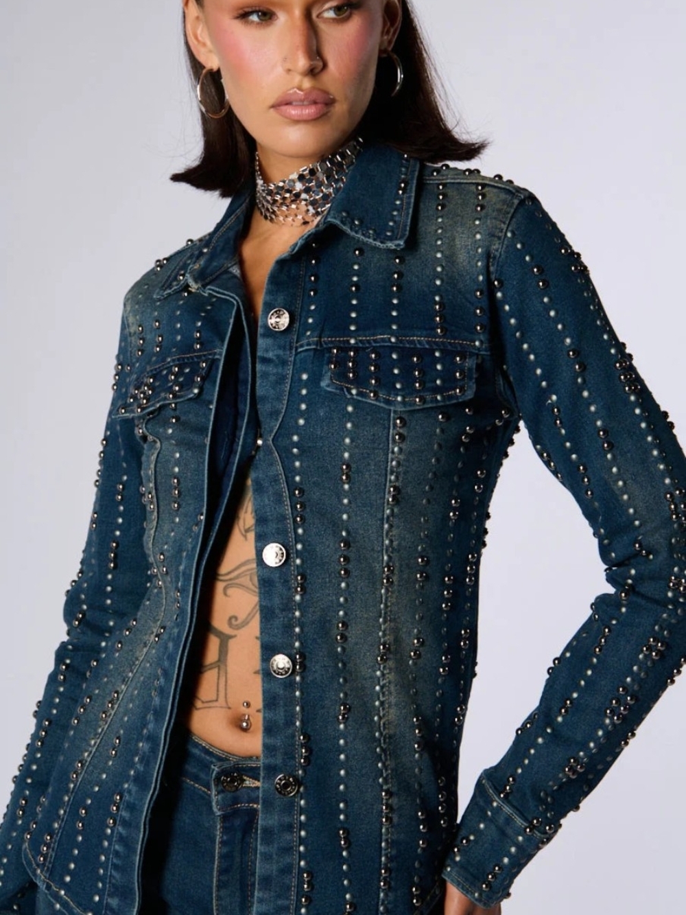 Studded Dark Wash Denim Jacket - Blue